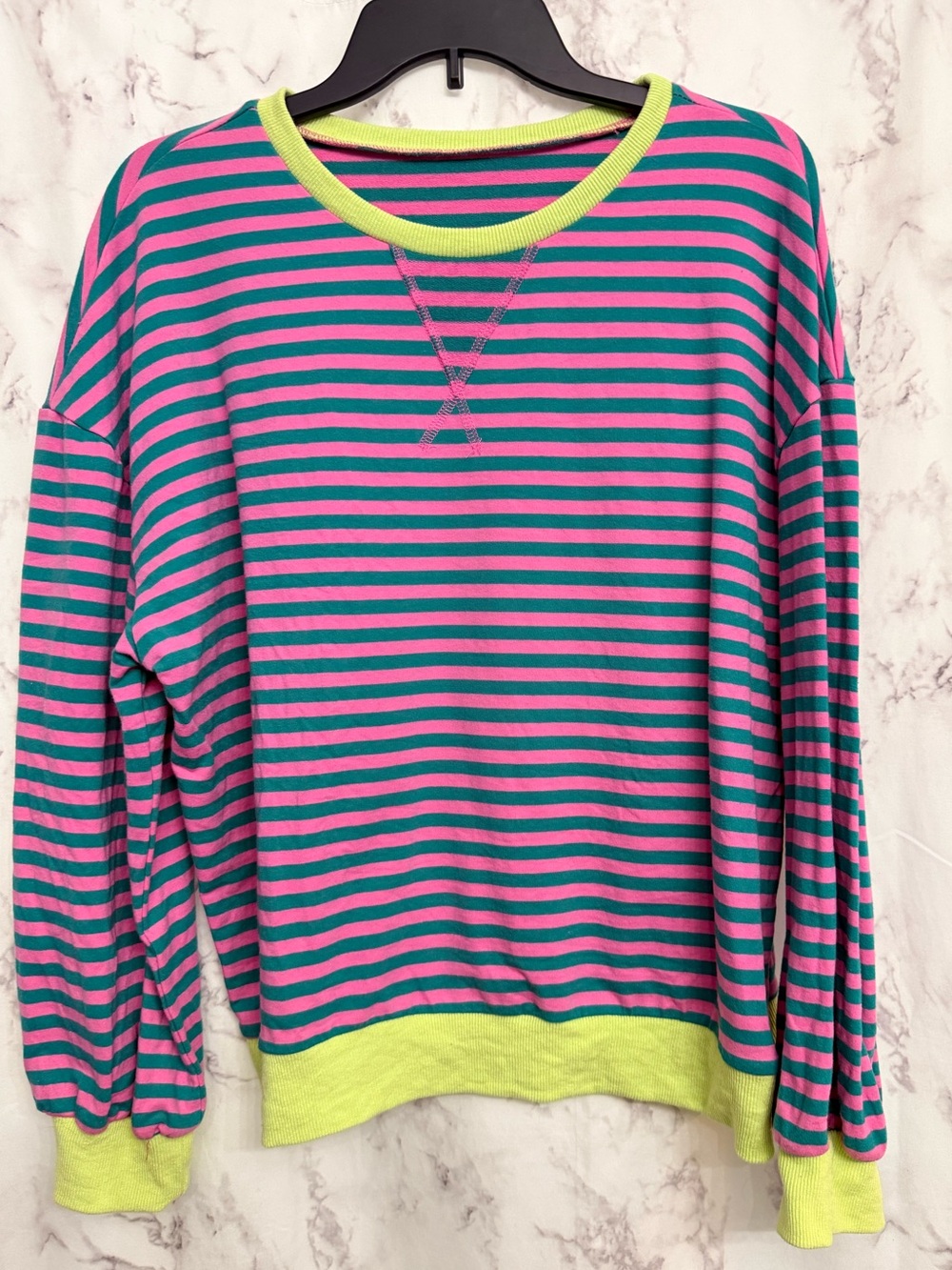 Striped Long-Sleeve Top in Pink and Teal with Lime Trim